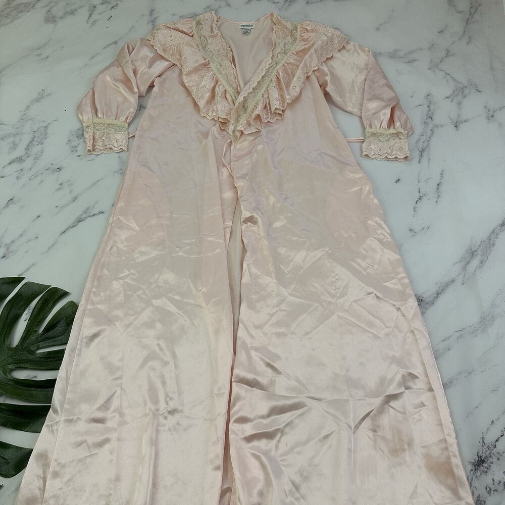 Laura Adams Womens Vintage 90s Satin Robe Size L Pastel Pink Lace Ruffle